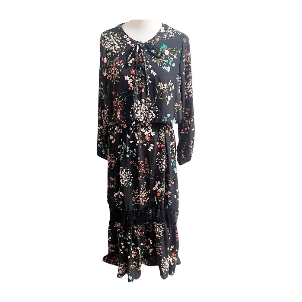 Lane Bryant Floral Maxi Dress Sz 18/20 Tiered Black Multicolor Lace Cottagecore